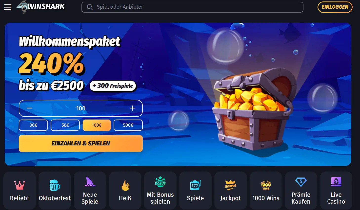 Ansicht der WinShark-Startseite mit Navigation und zentralem Inhaltsbereich